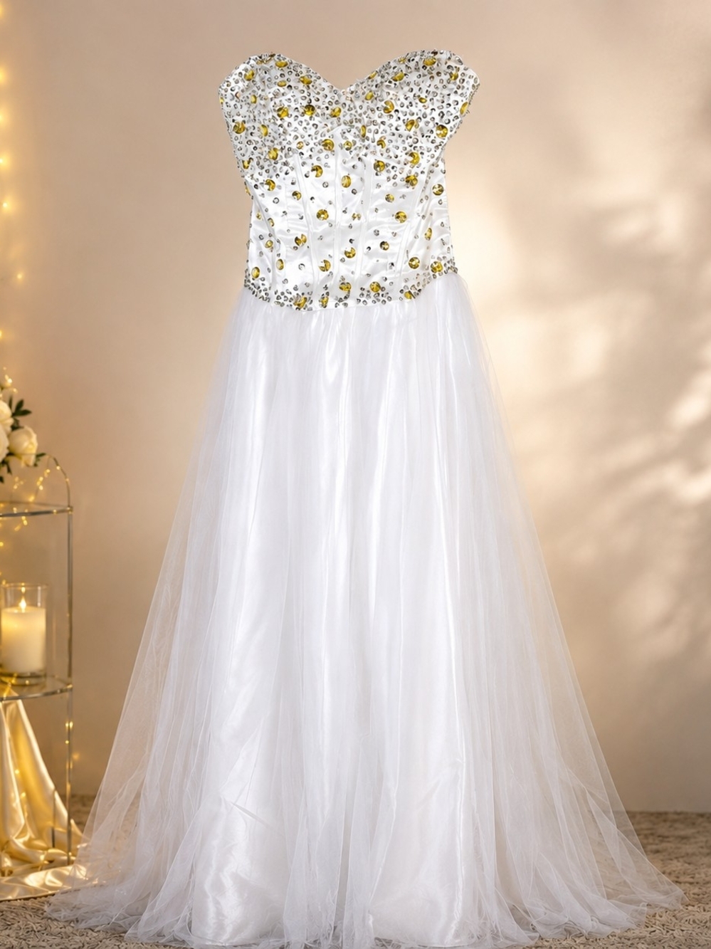 White Strapless Gown w/ Silver & Yellow Rhinestones Corset Tulle Dress